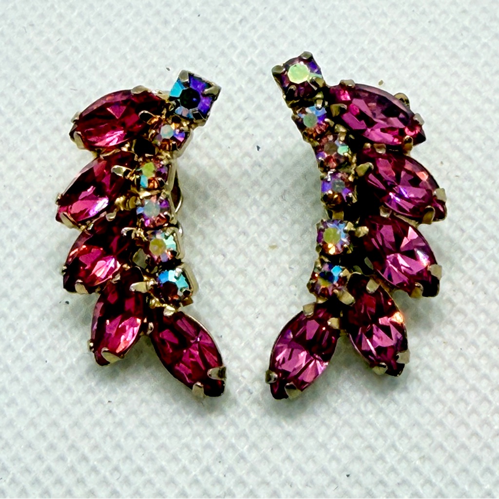 Vintage Weiss Hot Pink Navette & Ab Rhinestone Gold Tone Clip On Earrings Signed